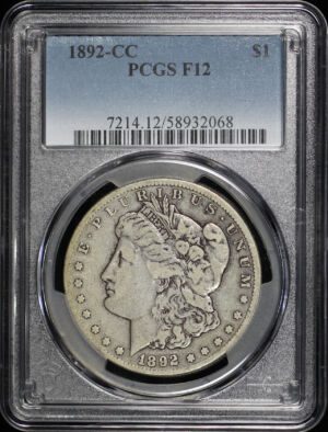 Obverse of this 1892-CC Morgan Dollar PCGS F-12