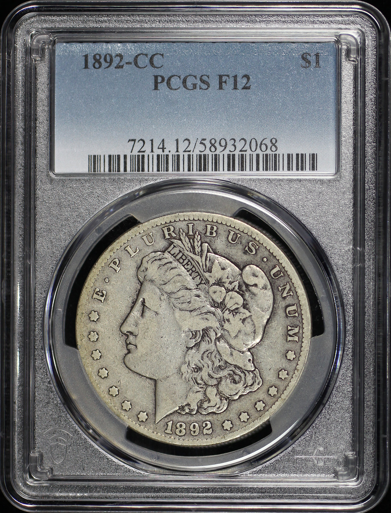 Obverse of this 1892-CC Morgan Dollar PCGS F-12