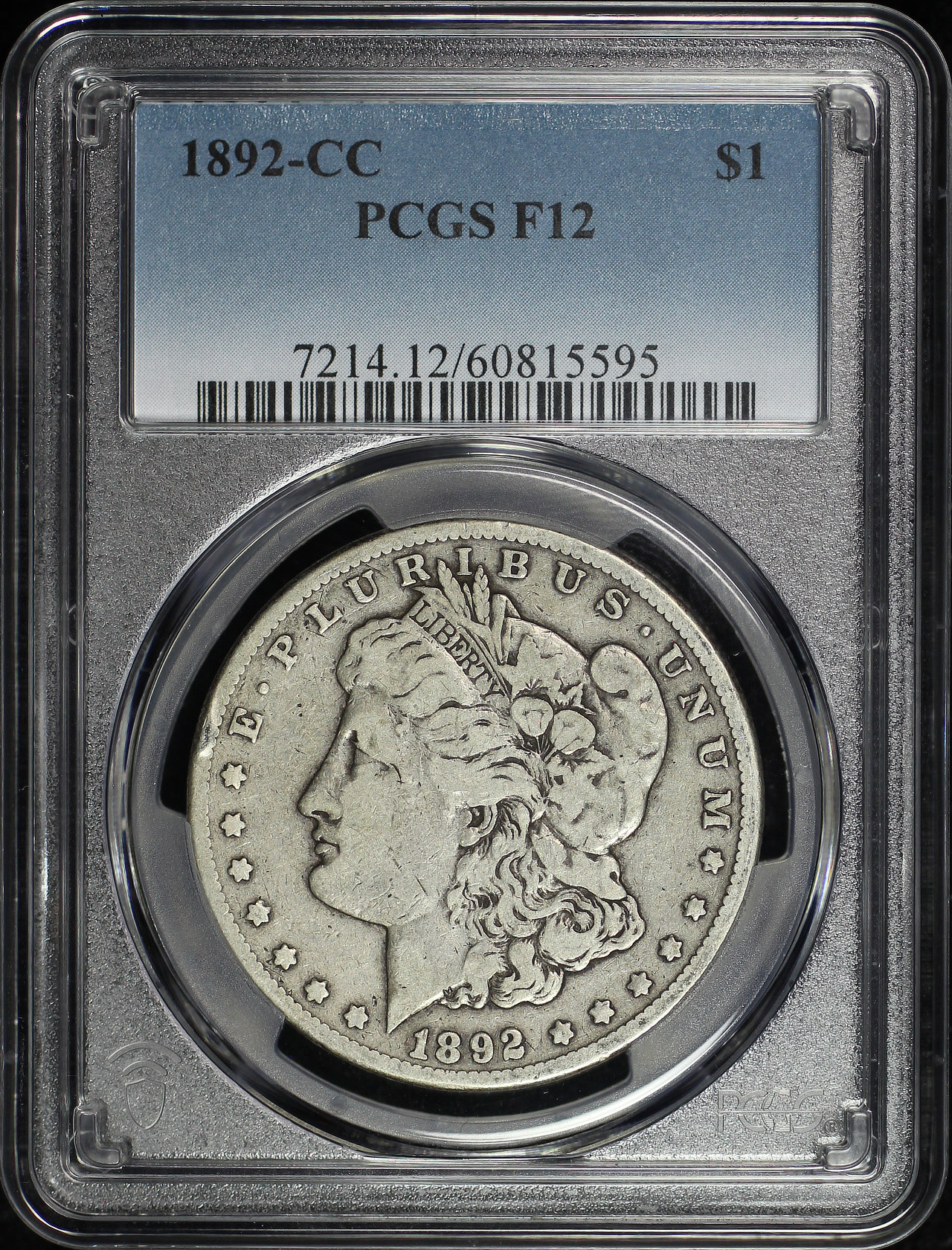 Obverse of this 1892-CC Morgan Dollar PCGS F-12