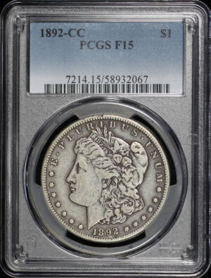 Obverse of this 1892-CC Morgan Dollar PCGS F-15