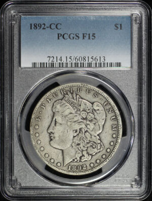 Obverse of this 1892-CC Morgan Dollar PCGS F-15