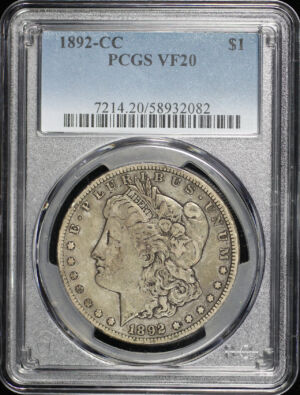 Obverse of this 1892-CC Morgan Dollar PCGS VF-20