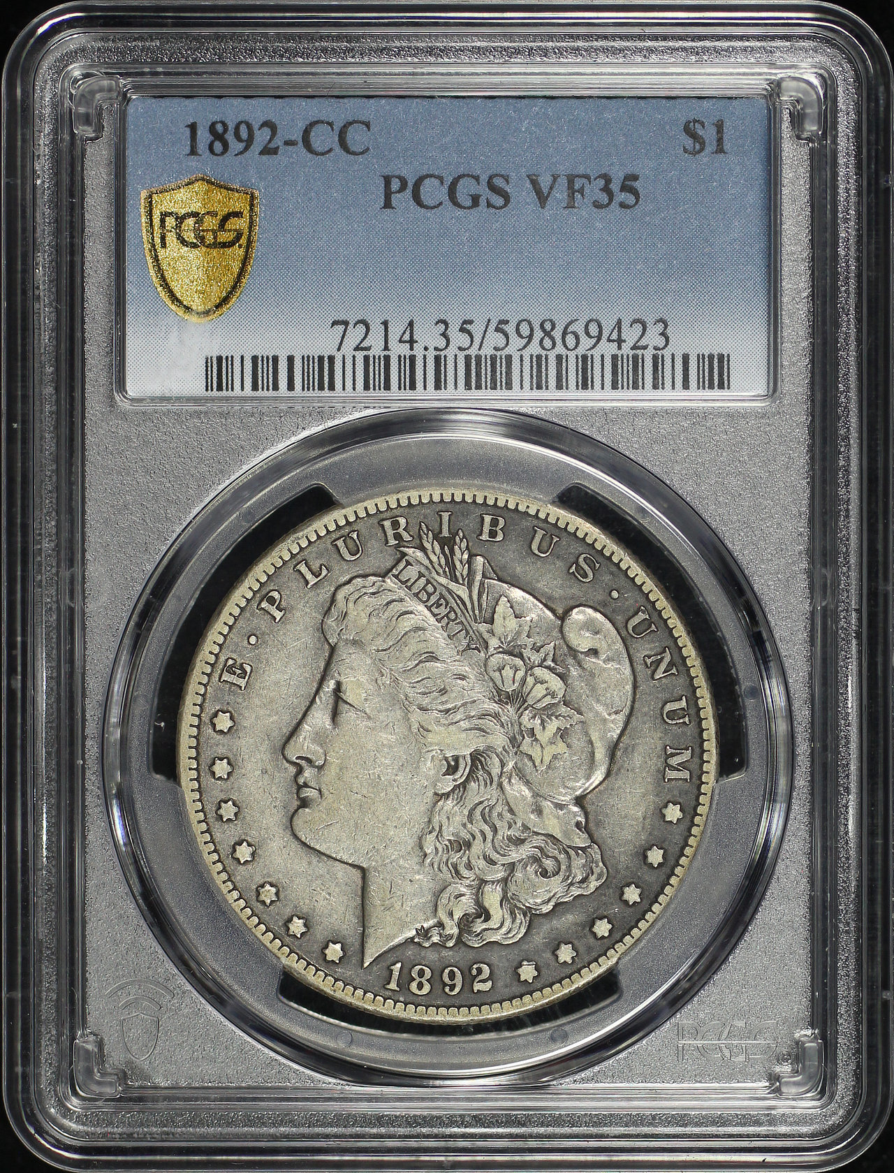 Obverse of this 1892-CC Morgan Dollar PCGS VF-35