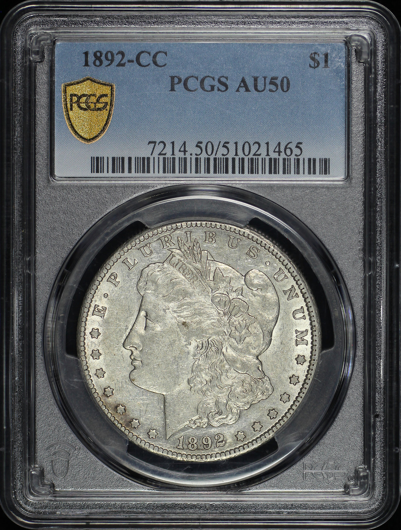 Obverse of this 1892-CC Morgan Dollar PCGS AU-50