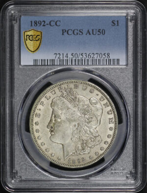 Obverse of this 1892-CC Morgan Dollar PCGS AU-50