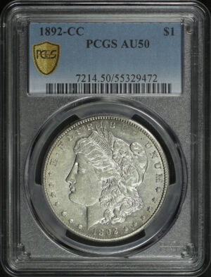 Obverse of this 1892-CC Morgan Dollar PCGS AU-50