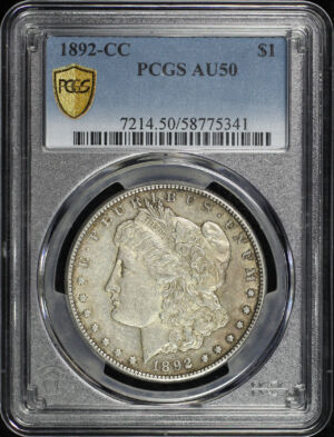Obverse of this 1892-CC Morgan Dollar PCGS AU-50