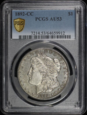Obverse of this 1892-CC Morgan Dollar PCGS AU-53