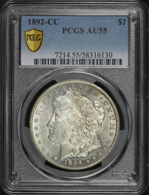 Obverse of this 1892-CC Morgan Dollar PCGS AU-55