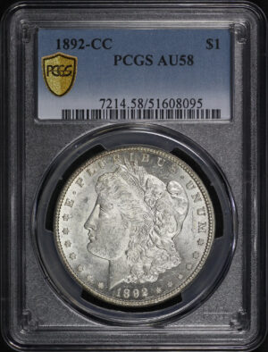 Obverse of this 1892-CC Morgan Dollar PCGS AU-58