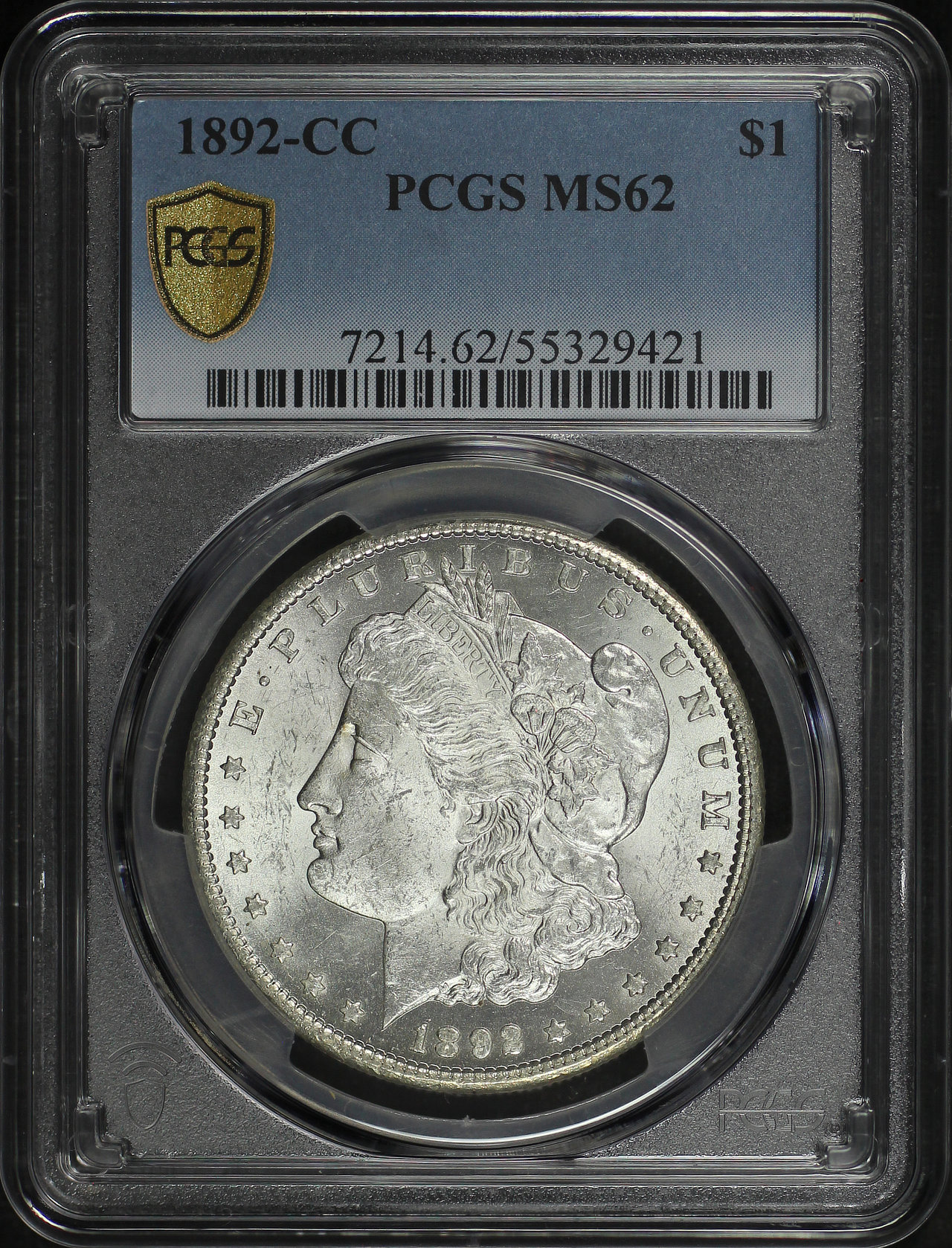 Obverse of this 1892-CC Morgan Dollar PCGS MS-62
