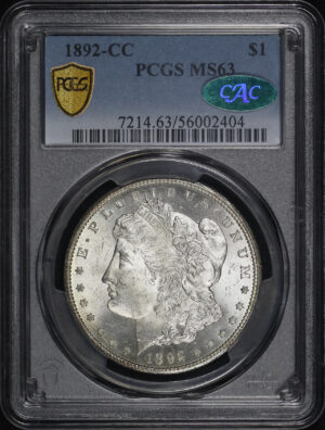 Obverse of this 1892-CC Morgan Dollar PCGS MS-63 CAC