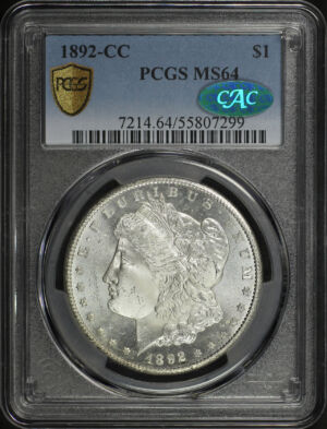 Obverse of this 1892-CC Morgan Dollar PCGS MS-64 CAC