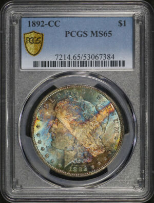 Obverse of this 1892-CC Morgan Dollar PCGS MS-65 Rainbow Toning 
