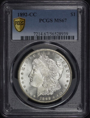 Obverse of this 1892-CC Morgan Dollar PCGS MS-67 (pop 2/1)
