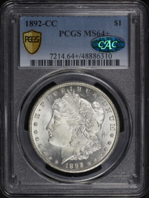 Obverse of this 1892-CC Morgan Dollar PCGS MS-64+ CAC