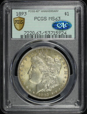 Obverse of this 1893 Morgan Dollar PCGS MS-63 CAC 40th Anniversary Old Green Holder