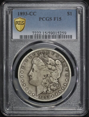 Obverse of this 1893-CC Morgan Dollar PCGS F-15