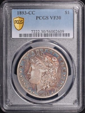 Obverse of this 1893-CC Morgan Dollar PCGS VF-30 – Vibrant Blue & Sunset Hue Obverse Circular Toning
