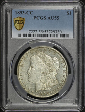 Obverse of this 1893-CC Morgan Dollar PCGS AU-55