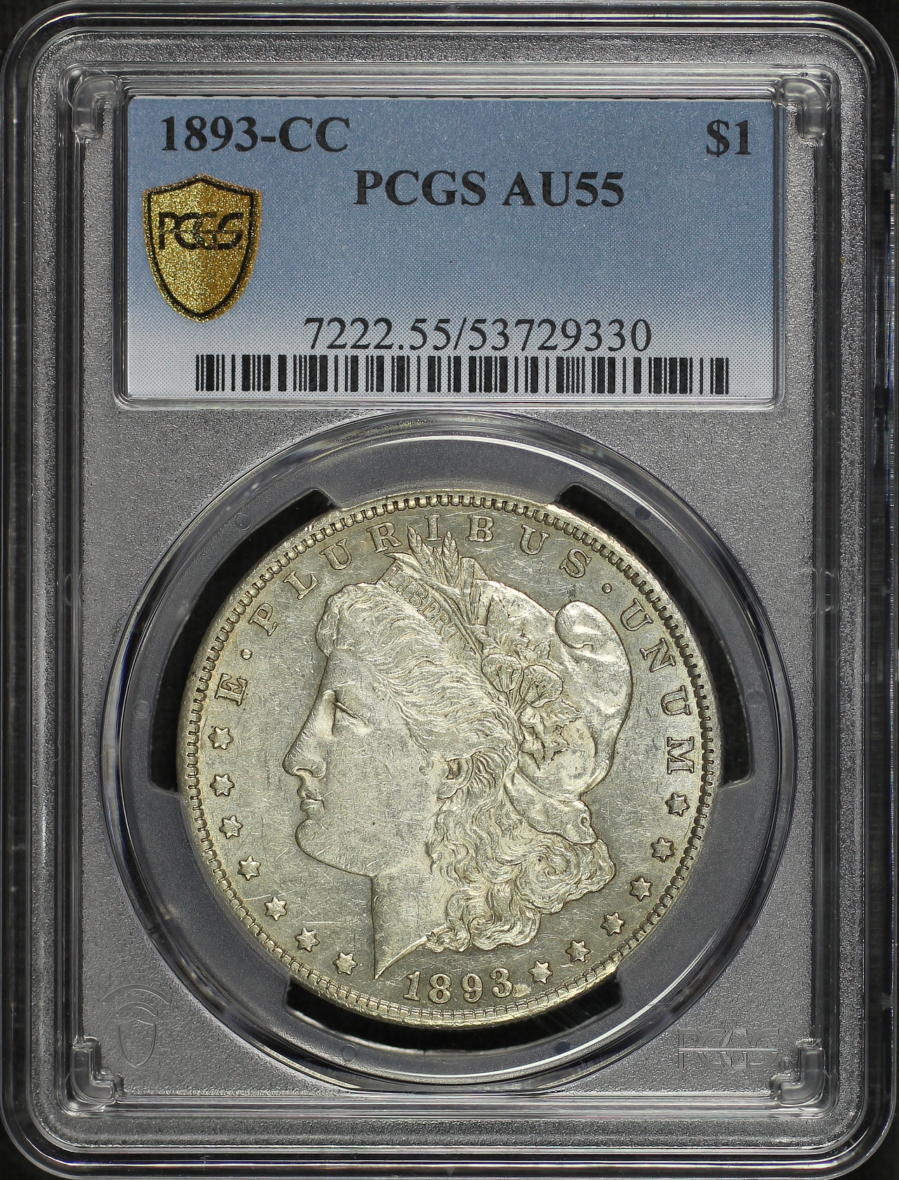 Obverse of this 1893-CC Morgan Dollar PCGS AU-55
