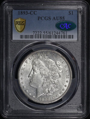 Obverse of this 1893-CC Morgan Dollar PCGS AU-55 CAC