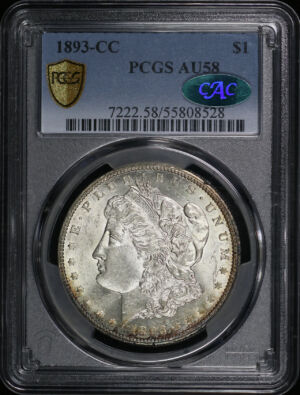 Obverse of this 1893-CC Morgan Dollar PCGS AU-58 CAC