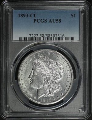 Obverse of this 1893-CC Morgan Dollar PCGS AU-58