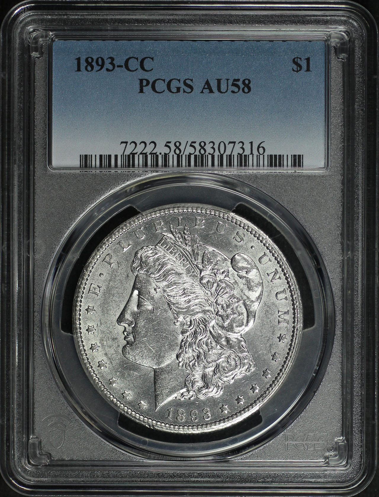 Obverse of this 1893-CC Morgan Dollar PCGS AU-58