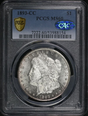 Obverse of this 1893-CC Morgan Dollar PCGS MS-60 CAC
