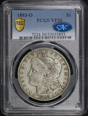 Obverse of this 1893-O Morgan Dollar PCGS VF-30 CAC