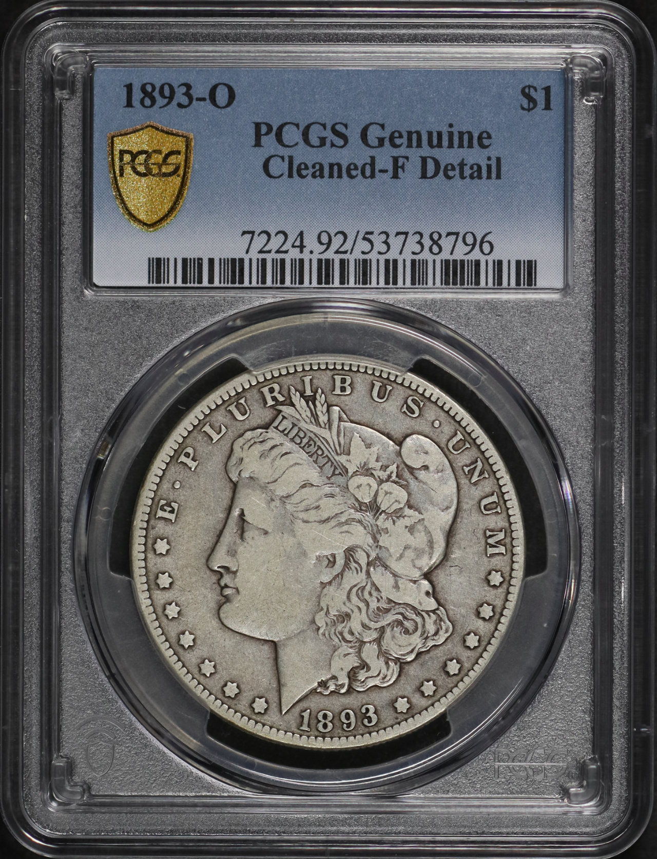 Obverse of this 1893-O Morgan Dollar PCGS F Details Cleaned