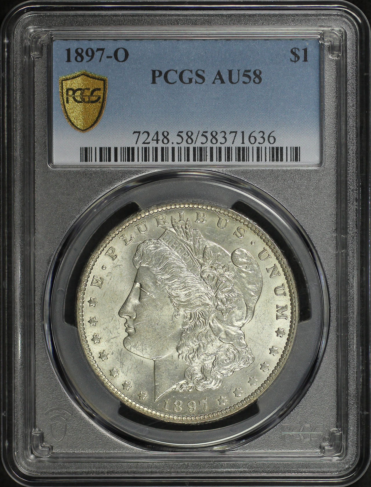 Obverse of this 1897-O Morgan Dollar PCGS AU-58