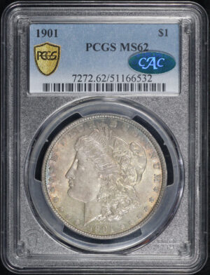 Obverse of this 1901 Morgan Dollar PCGS MS-62 CAC Smoky Blue & Violet Toning