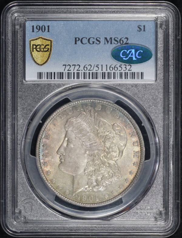 Obverse of this 1901 Morgan Dollar PCGS MS-62 CAC Smoky Blue & Violet Toning
