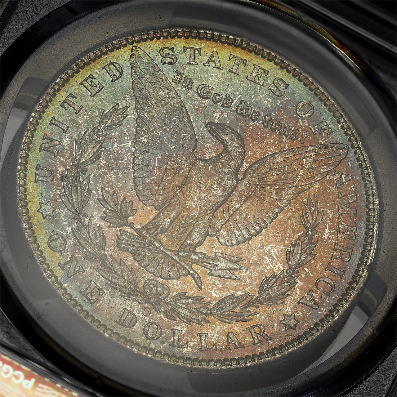 Gallery image of this 1904-O Morgan Dollar PCGS MS-63 Blue & Sunset Hue Toning