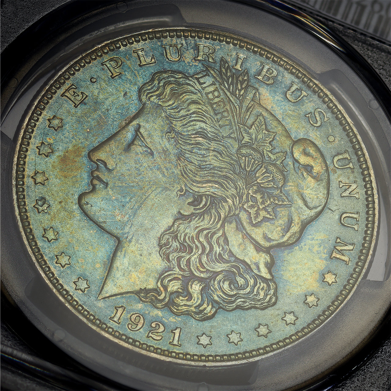 Gallery image of this 1921 Morgan Dollar PCGS MS-63 Near-Monochromatic Blueberry Toning