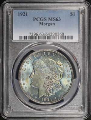Obverse of this 1921 Morgan Dollar PCGS MS-63 Near-Monochromatic Blueberry Toning