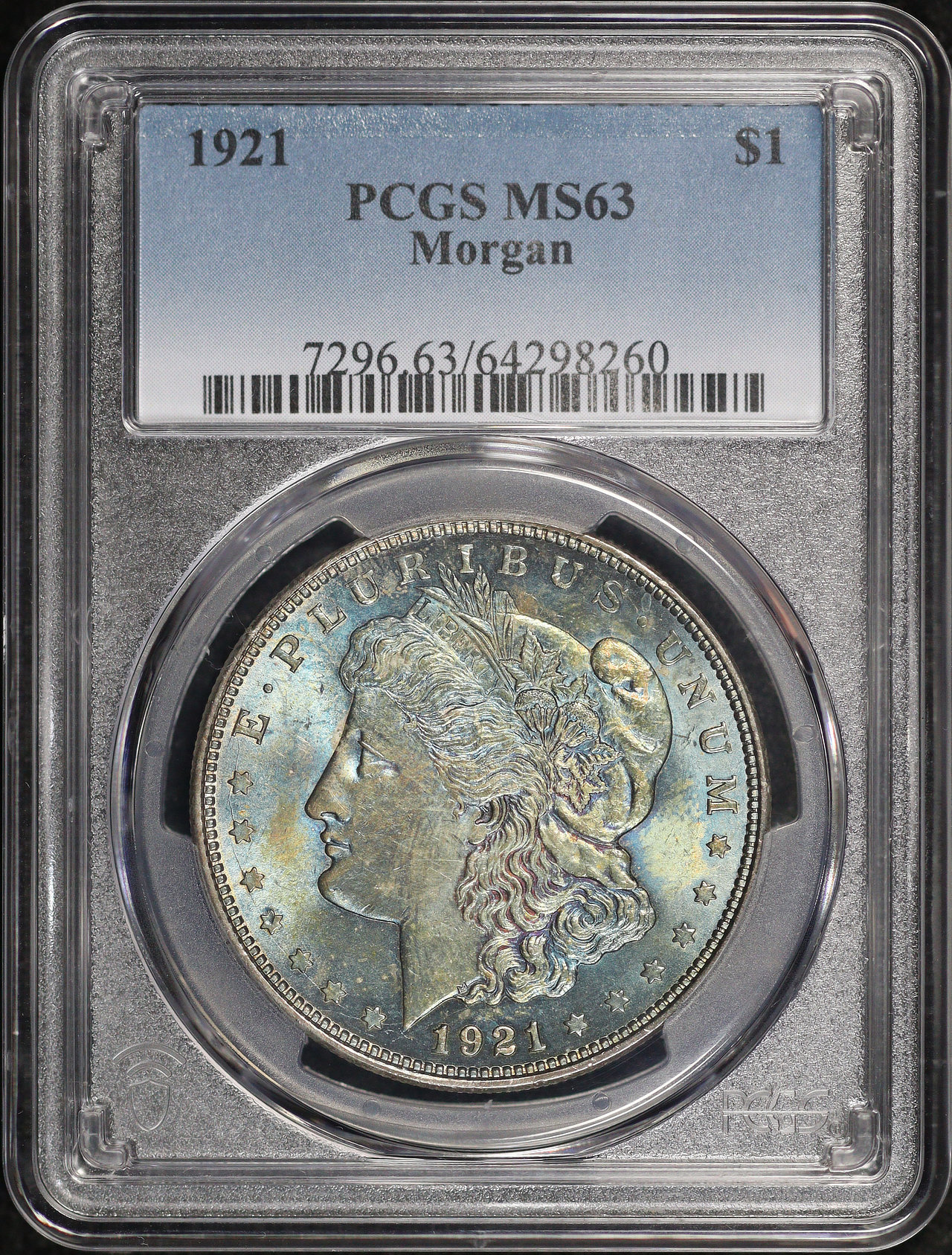 Obverse of this 1921 Morgan Dollar PCGS MS-63 Near-Monochromatic Blueberry Toning