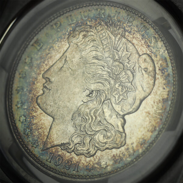 Gallery image of this 1921-D Morgan Dollar PCGS MS-66 Blue & Auburn Rim Toning