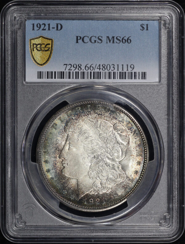 Obverse of this 1921-D Morgan Dollar PCGS MS-66 Blue & Auburn Rim Toning