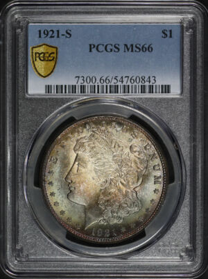 Obverse of this 1921-S Morgan Dollar PCGS MS-66 Rainbow Toning