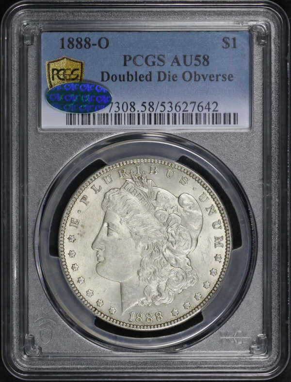Obverse of this 1888-O Morgan Dollar Doubled Die Obverse PCGS AU-58 CAC