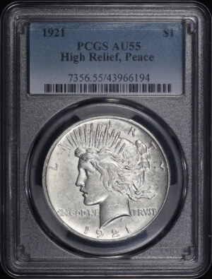 Obverse of this 1921 High Relief Peace Dollar PCGS AU-55
