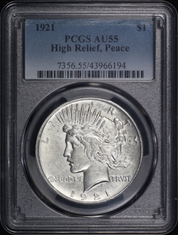 Obverse of this 1921 High Relief Peace Dollar PCGS AU-55