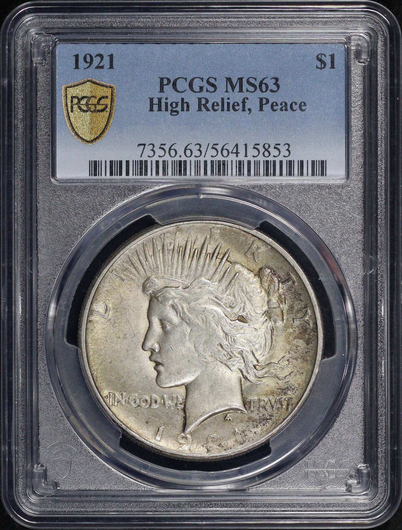 Obverse of this 1921 High Relief Peace Dollar PCGS MS-63