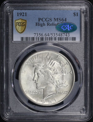 Obverse of this 1921 High Relief Peace Dollar PCGS MS-64 CAC