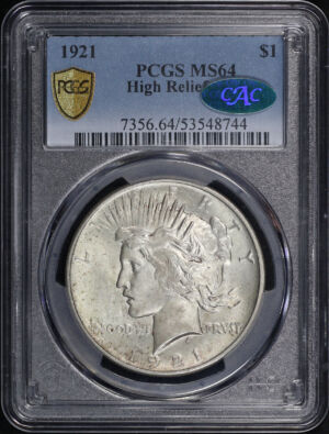 Obverse of this 1921 High Relief Peace Dollar PCGS MS-64 CAC