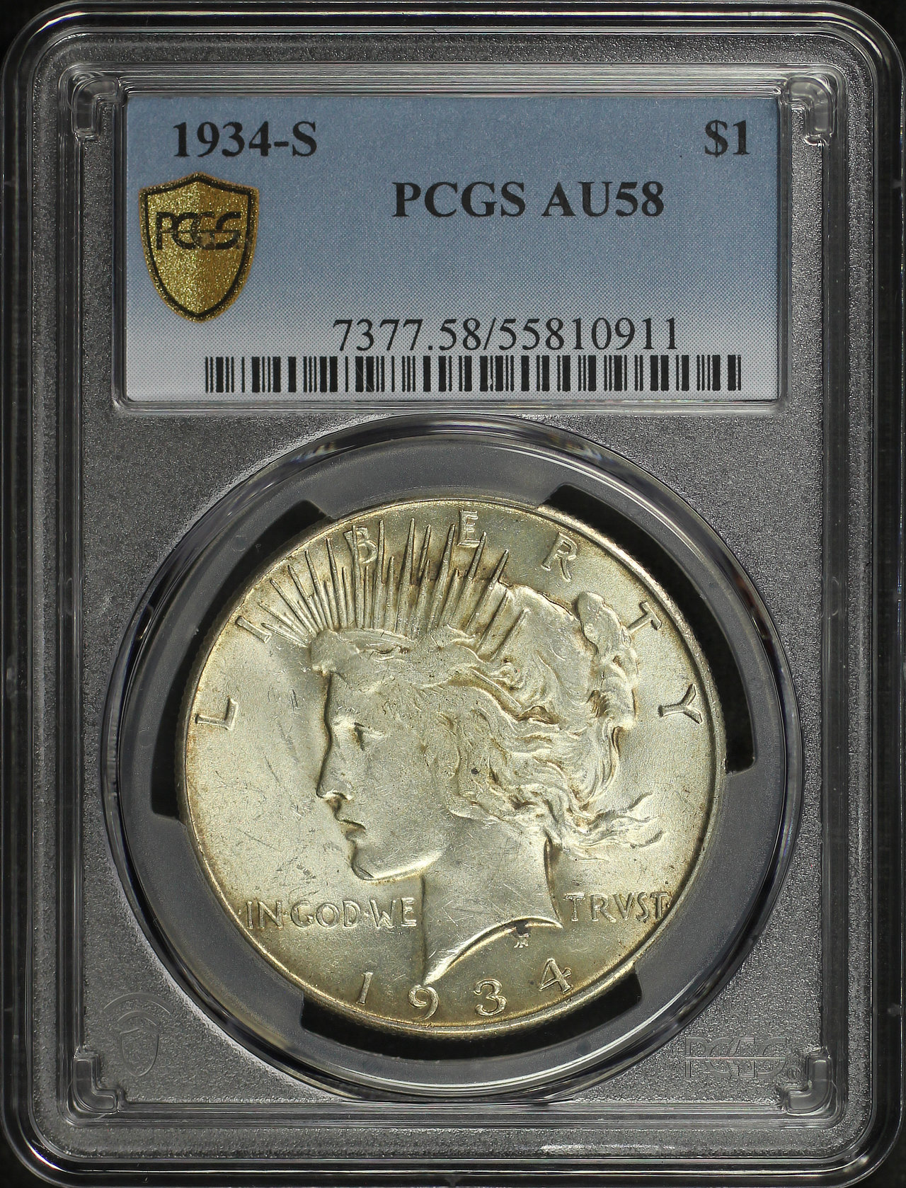 Obverse of this 1934-S Peace Dollar PCGS AU-58
