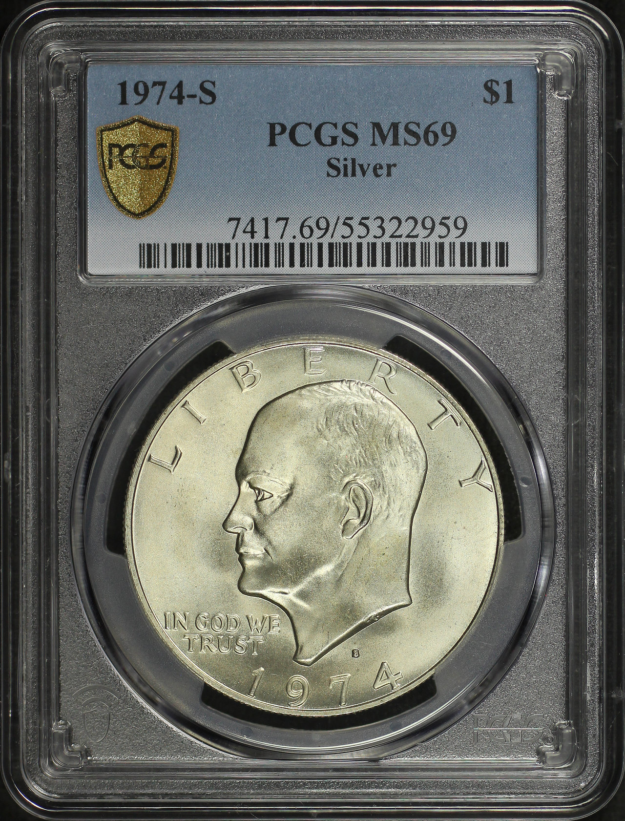Obverse of this 1974-S Ike Dollar Silver PCGS MS-69